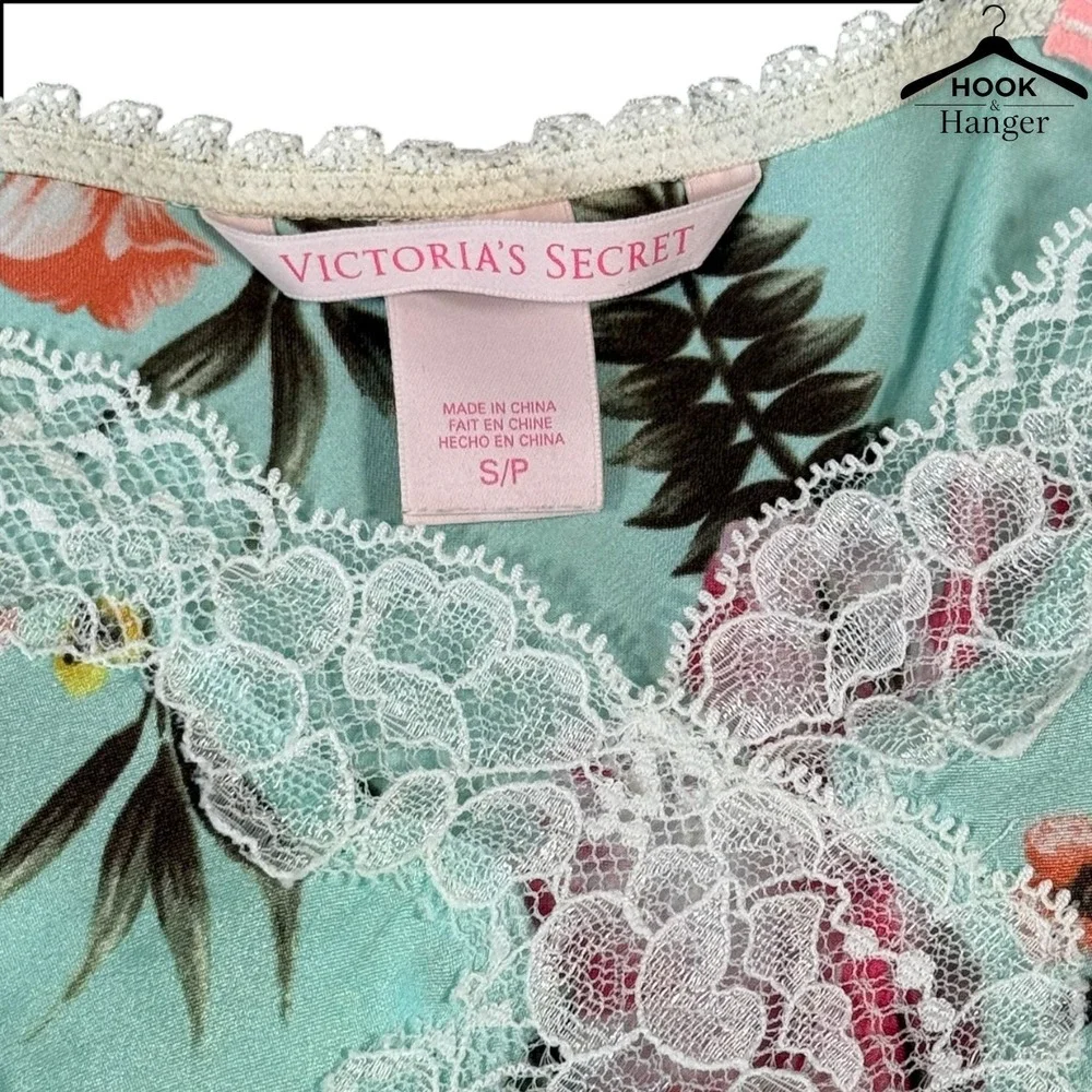 Victoria's Secret Y2K Satin Tropical Chemise Nightie S Blue Pink Hibiscus Lace - Picture 2 of 10